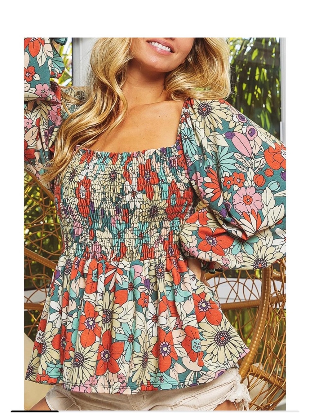 BiBi Floral Smocked Square-Neck Top in Red, Teal, Cream